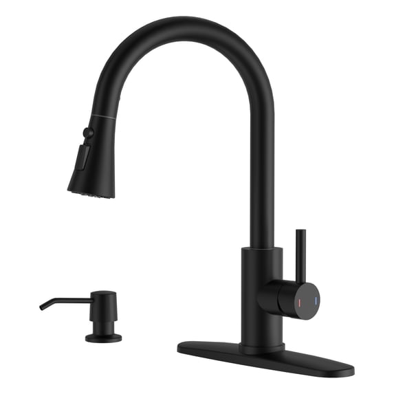 Matte Black Kitchen Faucet with Pull Down Sprayer and Soap Dispenser, DAYONE Single Handle High Arc Stainless Steel Kitchen Faucet Tap, with Escutcheon & 3 Functions