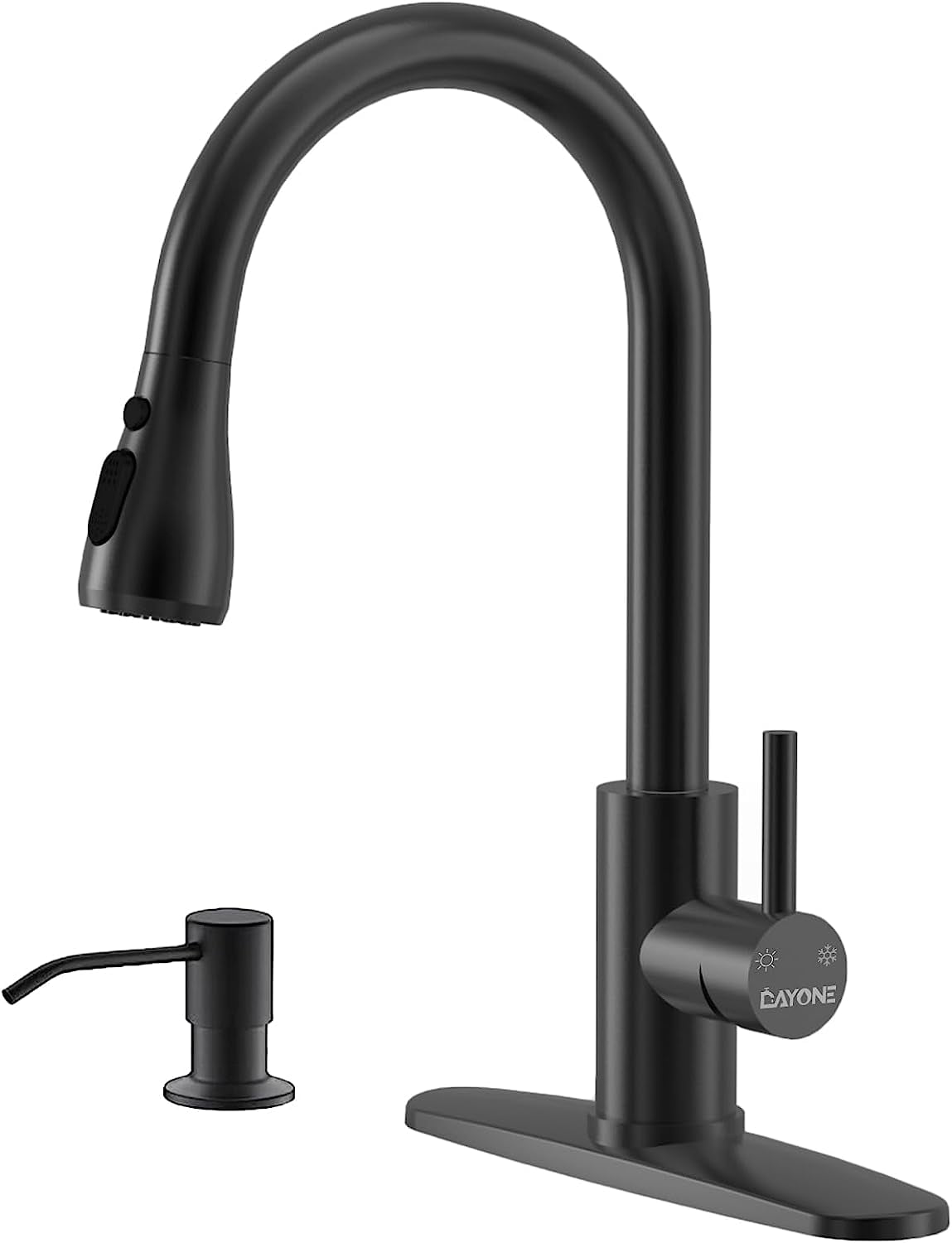 Matte Black Kitchen Faucet with Pull Down Sprayer and Soap Dispenser, DAYONE Single Handle High Arc Stainless Steel Kitchen Faucet Tap, with Escutcheon \u0026 3 Functions