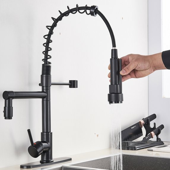 Matte Black Kitchen Faucet Single Handle Pull Down Sprayer Spring Mixer W/ Cover