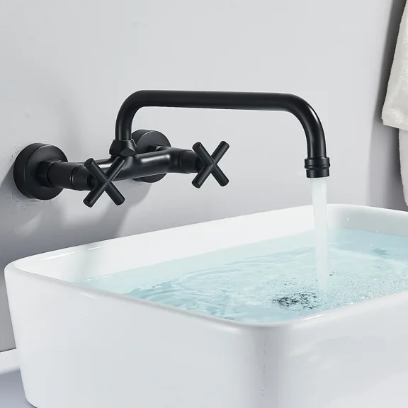 Matte Black Kitchen Faucet Wall Mount Commercial Sink Faucet Dual Handle Mixer Swivel Spout
