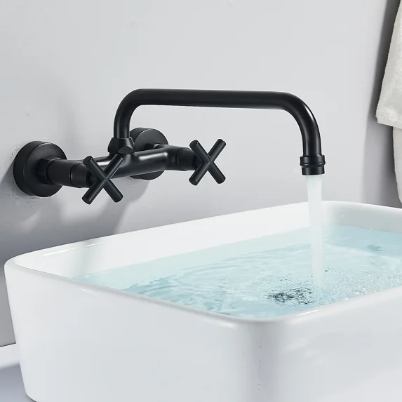 Matte Black Kitchen Faucet Wall Mount Commercial Sink Faucet Dual Handle Mixer Swivel Spout