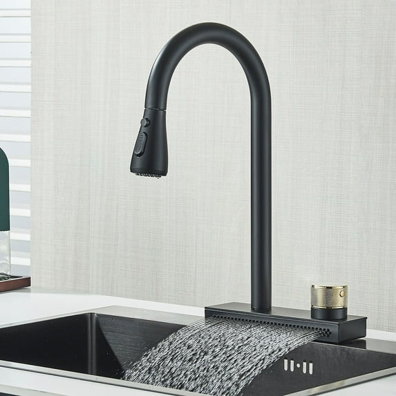 Matte Black Kitchen Sink Faucet Pull Out Single Handle Waterfall & Rainfall Rotatable Hot and Cold Faucet Apply Inlet Pipe