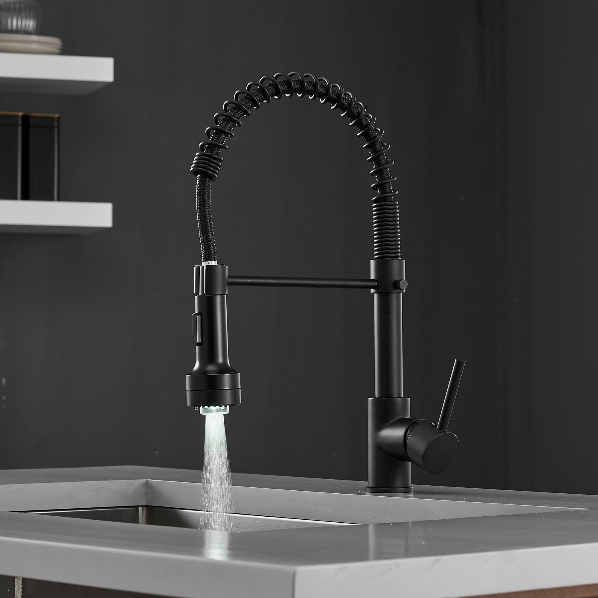 Matte Black Brass LED Light Single Handle Kitchen Faucet with Pull-out Spray