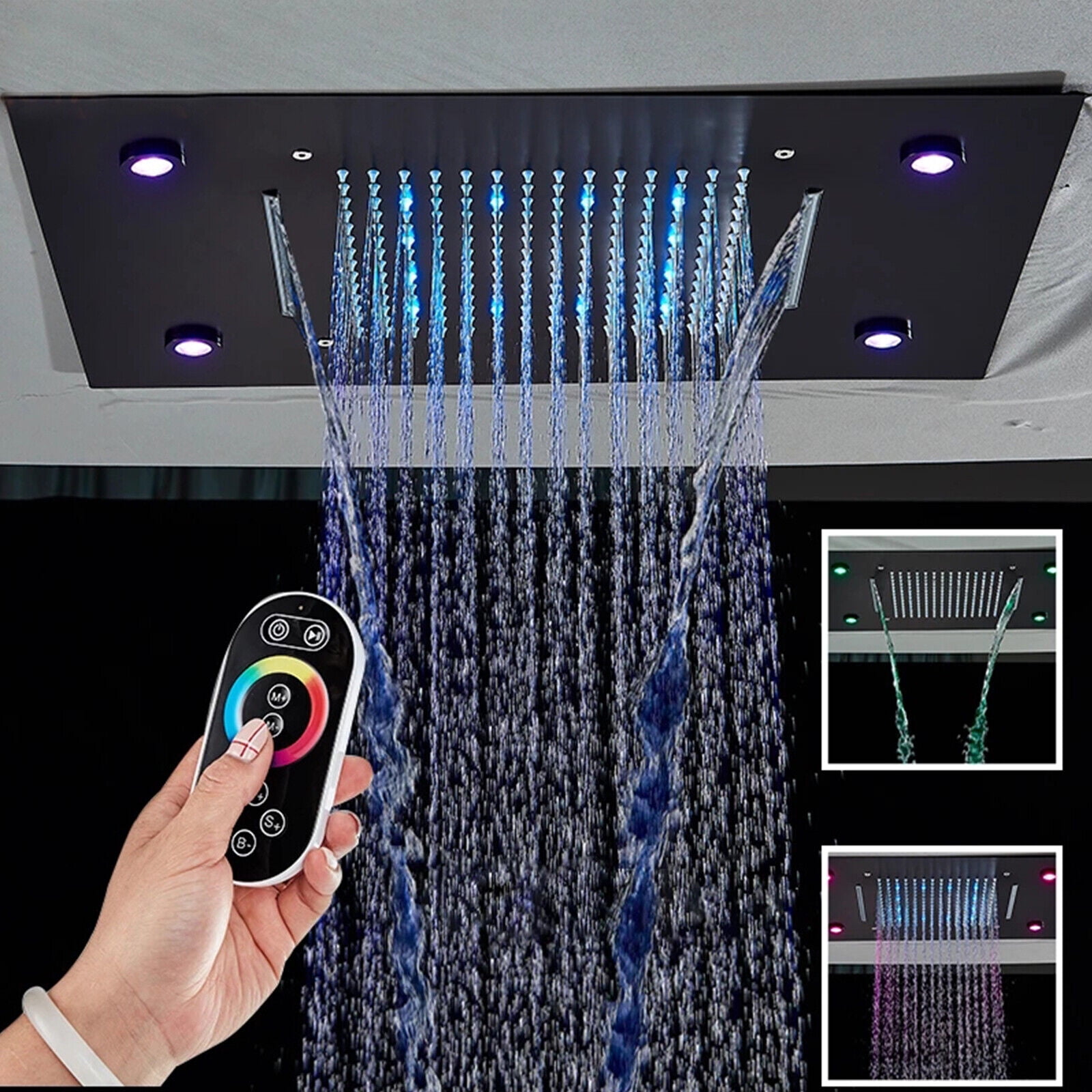 Matte Black LED Shower Head Waterfall Rainfall High Pressure Ceiling ...