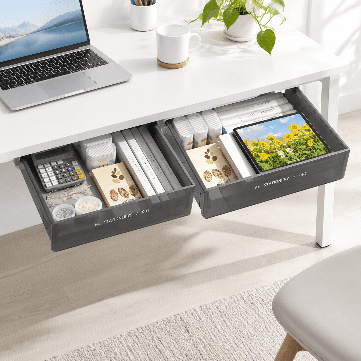 Under Desk Paper Rack Matte Black Large Self-Adhesive Under Desk Drawer Organizer 2-Pack for ...