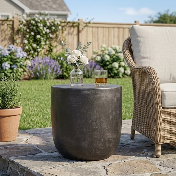Matte Black Lightweight Concrete Barrel End Table - Modern Outdoor Patio Accent Table