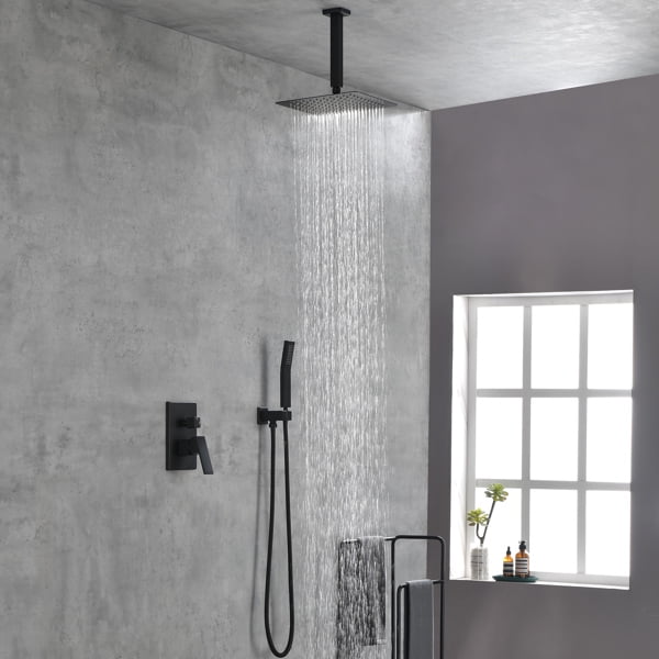 Matte Black Luxury Shower Set – Rainfall Head, Pressure Balance Valve, Brass Mixer & Handheld Sprayer