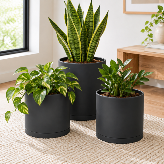 Matte Black Medium 3-Pack Plastic Planter Pots with Saucers and Drainage Holes