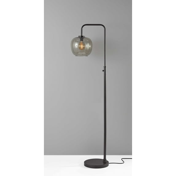 Matte Black Metal Arc Floor Lamp with Smoked Glass Globe Shade and Vintage Edison Bulb