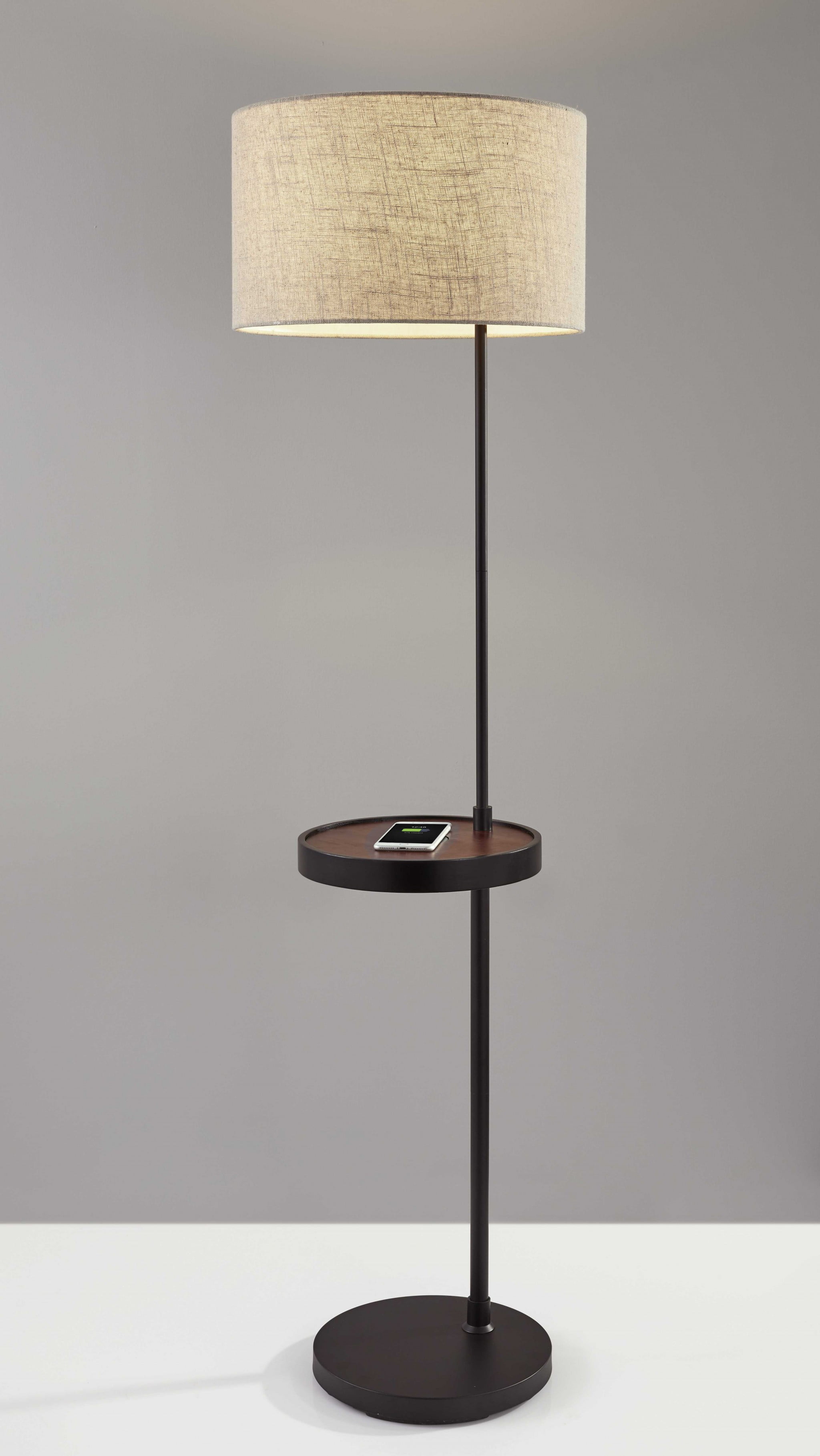 Black Metal and Wood Tray Table Floor Lamp with Beige Shade