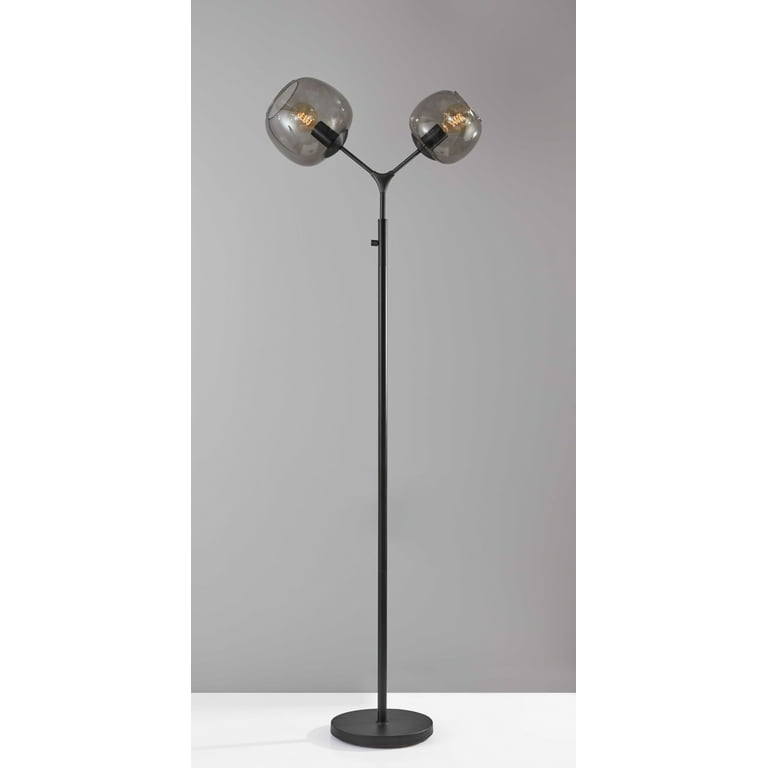 Matte Black Metal Floor Lamp with Two Smoked Glass Globe Shades and Vintage Edison Bulbs