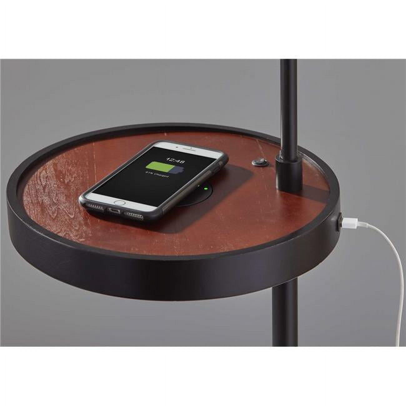 Compact Matte Black Metal Floor Lamp with Wireless Charging Shelf