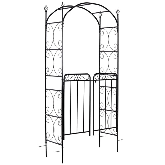 Matte Black Metal Garden Arch with Double Doors and Trellis, Large Outdoor Entrance Arbor for Climbing Plants and Roses, Decorative Patio and Backyard Garden Structure, 42.5x17.75x84.75 in