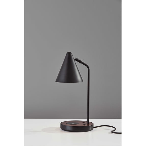 Matte Black Metal Wireless Charging Adjustable Desk Lamp with Walnut Wood Accent