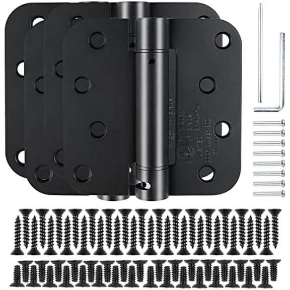 Matte Black Modern 4x4x5/8 Steel Mortise Spring Hinges, 4 Pack, Self-Closing, Soft Close, 8 Holes, 1-3/4" Thick, Adjustable Tension