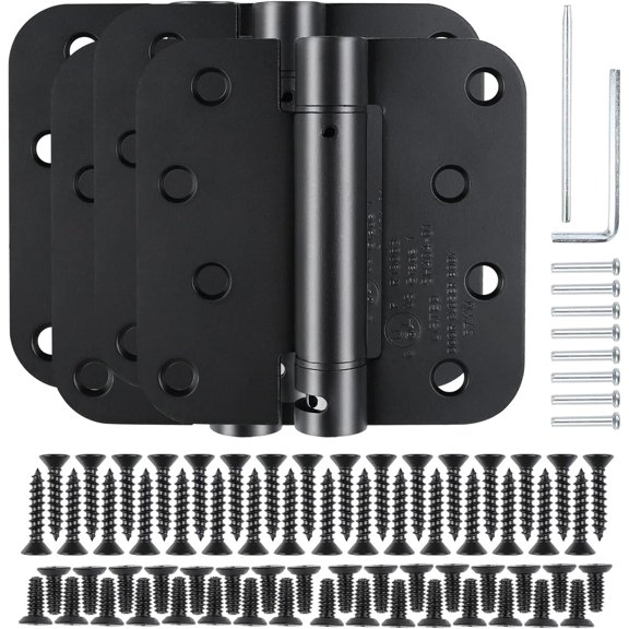 Matte Black Modern 4x4x5/8 Steel Mortise Spring Hinges, 4 Pack, Self-Closing, Soft Close, 8 Holes, /4" Thick, Adjustable Tension