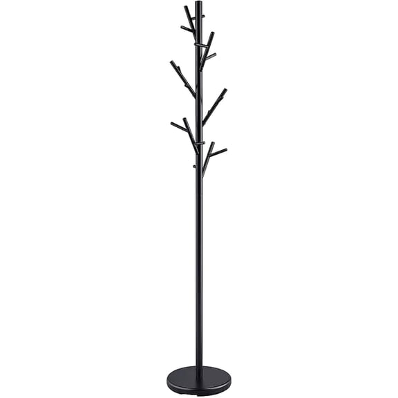 Matte Black Modern Metal Coat Rack Stand, 69.25" Tree Design with 18 Hooks & Round Base