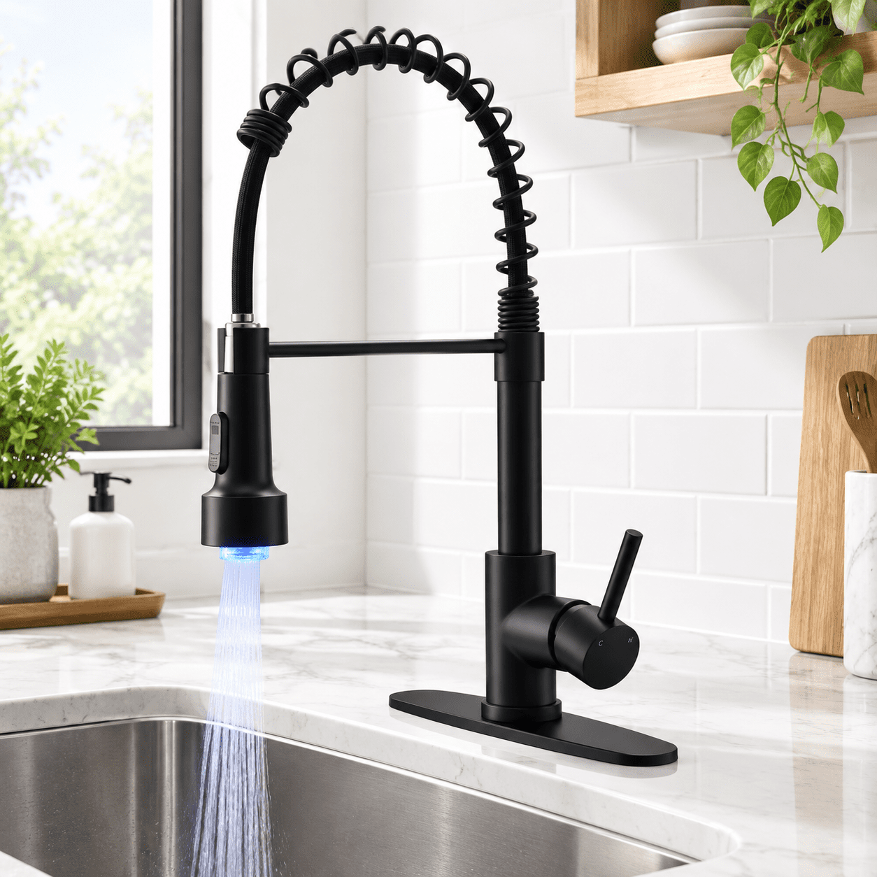 Matte Black Modern Pull-down High Arc 2-mode Sprayer LED Kitchen Faucet ...