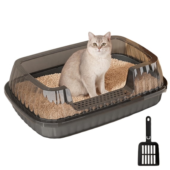 Matte Black Open Top Cat Litter Box High Side with Litter Scoop 14.37×10.63×5.31 inch