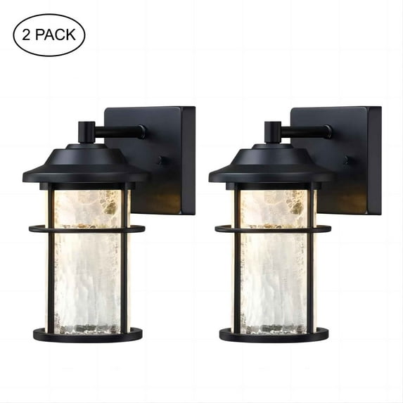 Matte Black Outdoor Wall Lantern Sconce with Crackle Glass Shade,2700K 900 Lumens(2 Pack)