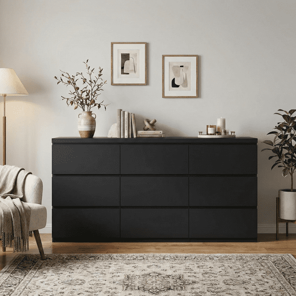 Matte Black Particle Board Nine Drawer Dresser Handle Free Modern Storage Chest with Wide Tabletop for Bedroom Living Room Hallway Entryway Office
