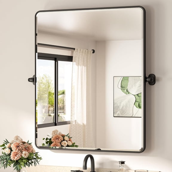 Matte Black Pivot Bathroom Mirror 30 x 36 Tilting Beveled Rectangle Metal Framed Mirror, Farmhouse Adjustable Tilt Rectangular Vanity Tempered Glass Mirror, Horizontal/Vertical, Easy to Install