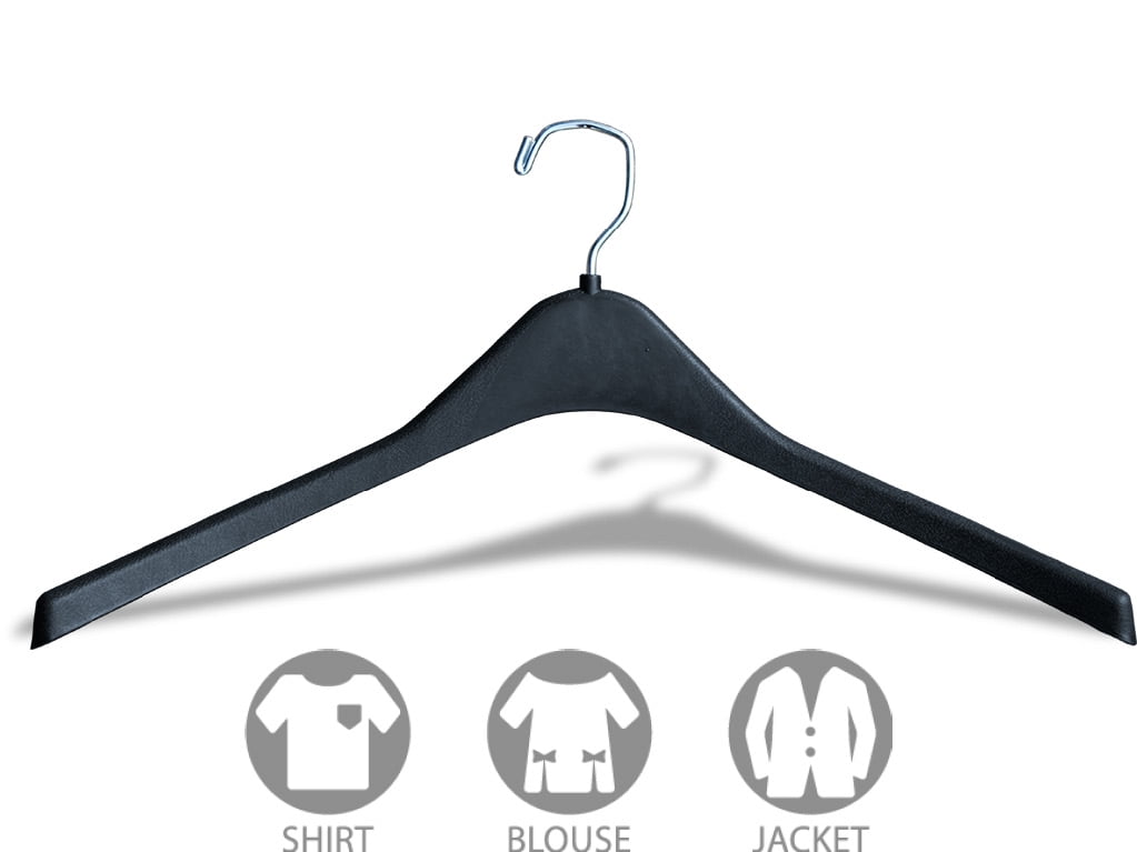 International Hanger Matte Black Plastic Curved Top Hanger, Durable 17" Length, 1/2" Thickness, 360° Chrome Swivel Hook for Coat & Jacket, (100 Pack)