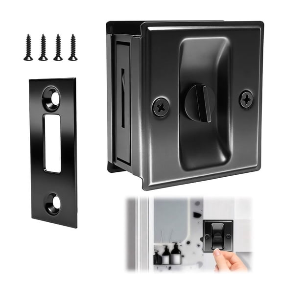 Matte Black Pocket Door Lock Privacy Pocket Door Hardware Pocket Door Handles, Pocket Door Lock Latch with Pull 2-3/4’’x2-1/2’’ for 1.38’’-1.77’’ Thickness Door
