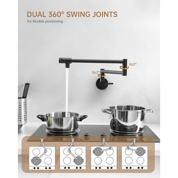 Matte Black Pot Filler, Pot Filler Faucet Wall Mount, Brass Folding Stretchable with Double Joint Swing Arm Single Hole Two Handles Kitchen Restaurant