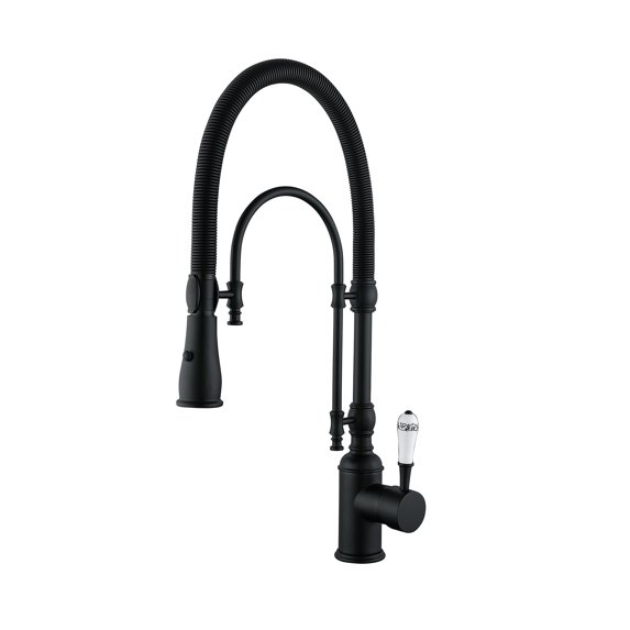 Matte Black Pre-Rinse Kitchen Faucet with Pull-Out Spring Spout and Pot Filler, Single Handle Pull-Out Sprayer Spring Kitchen Sink Faucet