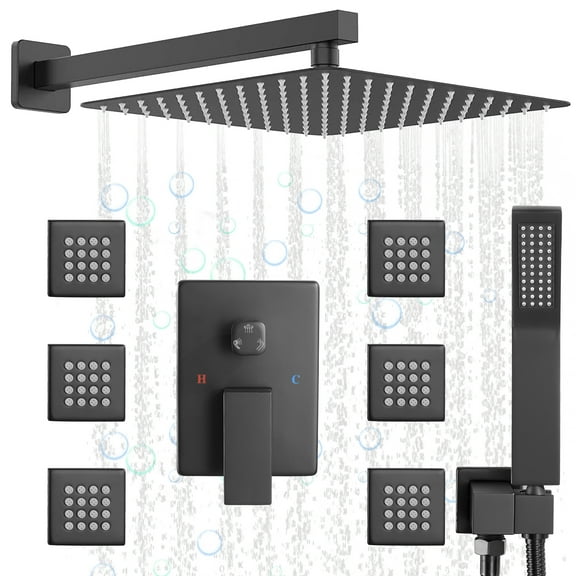 Matte Black Rain Shower System with 6 Body Shower Jets, Shower Jets System with Wall Mount 12'' Rain Shower with Hand Shower Full Body Shower Faucet with Jets
