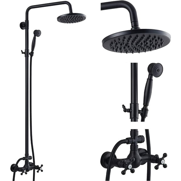 Matte Black Rain Shower System Set 2 Cross Knobs Mixing 8 Inch Rainfall Shower Head with Handheld Spray Bathroom Shower Faucet Wall Mounted