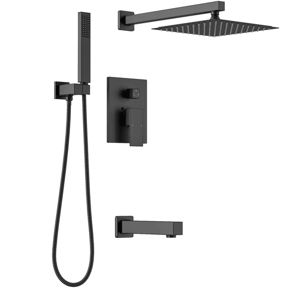 Matte Black Rain Shower System, Wall Mounted Mixer Combo Set with Rainfall Head, Handheld & Tub Spout (With Rough-in Valve Body & Trim Kit)