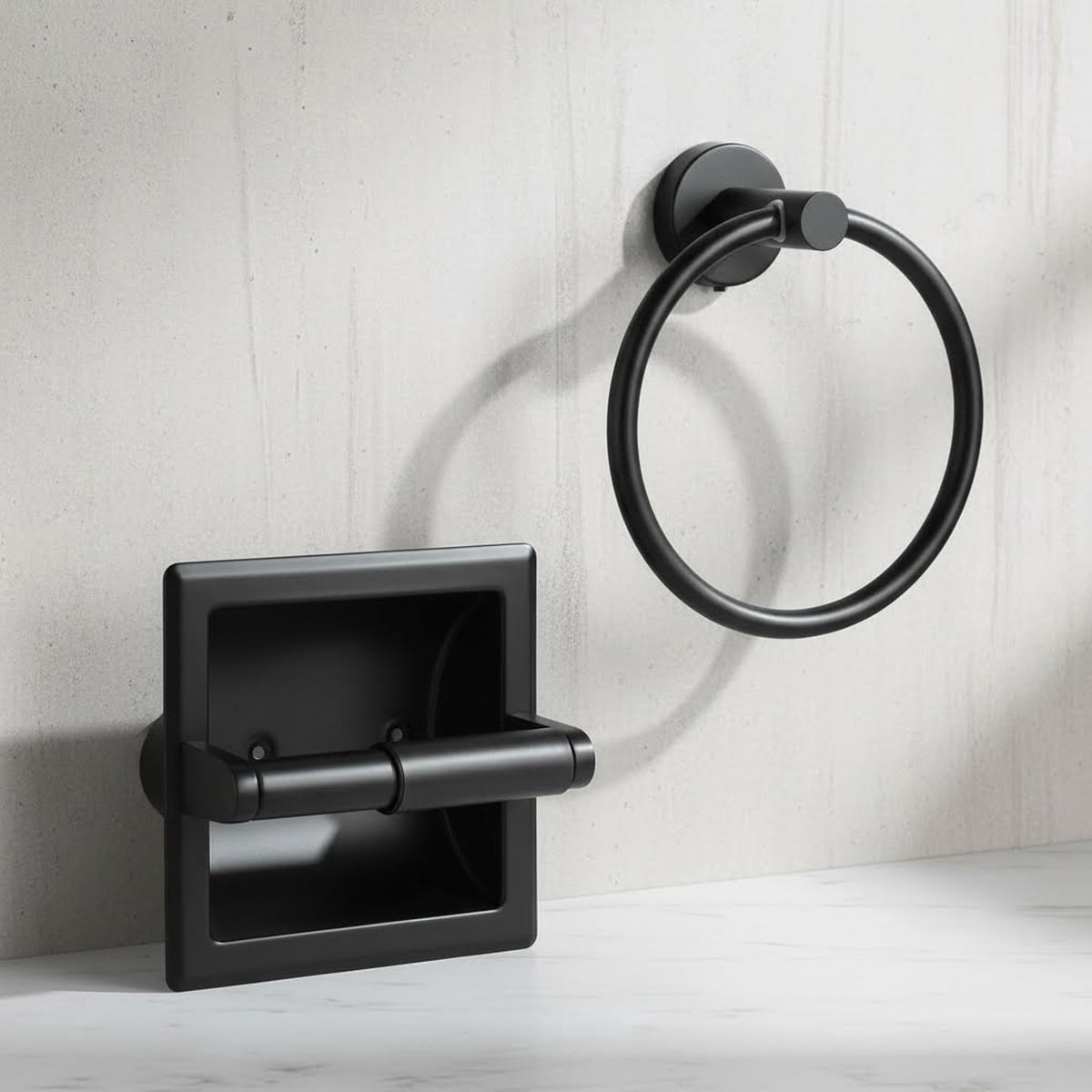 Matte Black Recessed Toilet Paper Holder and Towel Ring Pack, Stainless Steel Bathroom Hardware, Wall Mount Pivoting Toilet Paper Dispenser & Towel Roll Holder