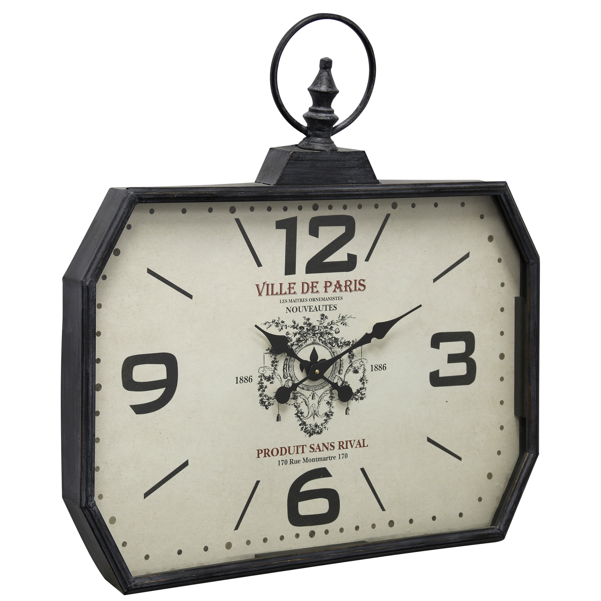 Matte Black Rectangular Ville de Paris Wall Clock with Glass Front
