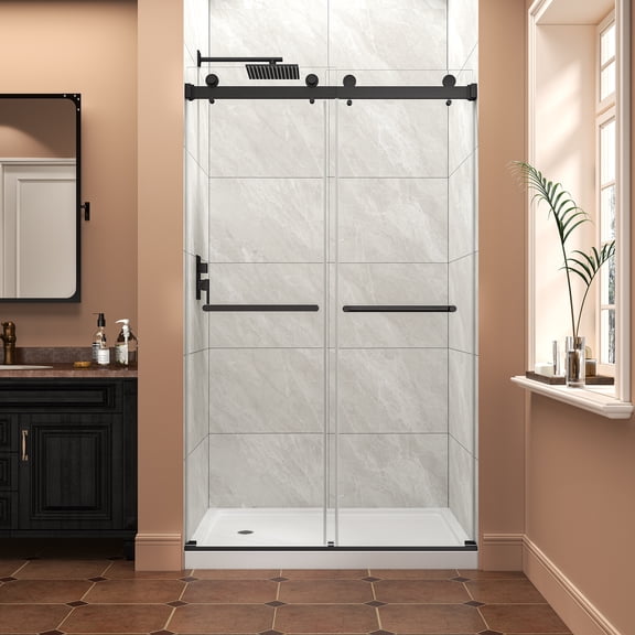 Matte Black Reversible Sliding Shower Door - 43-48 x 76 Frameless Glass 8MM Tempered
