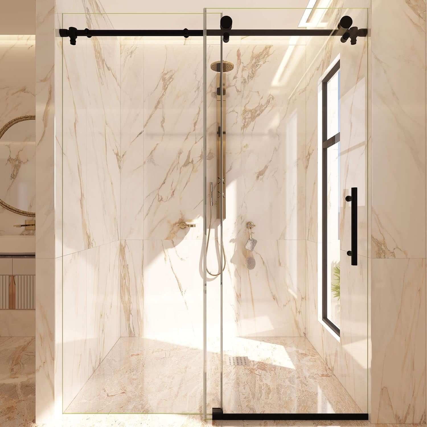 Matte Black Frameless Sliding Shower Door with Tempered Glass 48 x 72