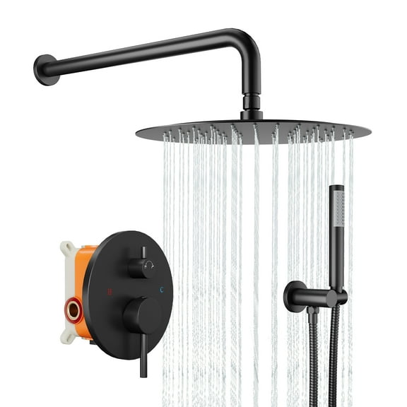 Matte Black Shower Faucet Set, 12 Inch Rain Shower Head With Handheld Spray, Wall Mounted Round Shower System, Included Pressure-Balanced Valve, Ideal for Bathroom