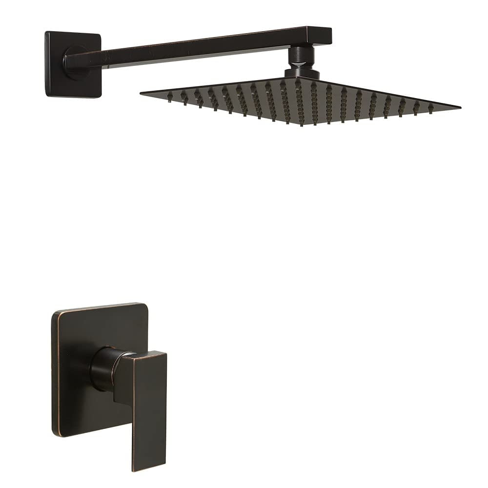 Matte Black Shower Faucet Set with Square Rain Shower Head, Single Function Trim Kit, Rough-in Valve Included, Extra Long Arm, Modern Bathroom Hardware