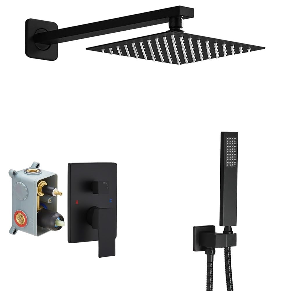 Matte Black Shower Faucet Set with Square Rain Shower Head, Single Function Trim Kit, Rough-in Valve Included, Extra Long Arm, Modern Bathroom Hardware