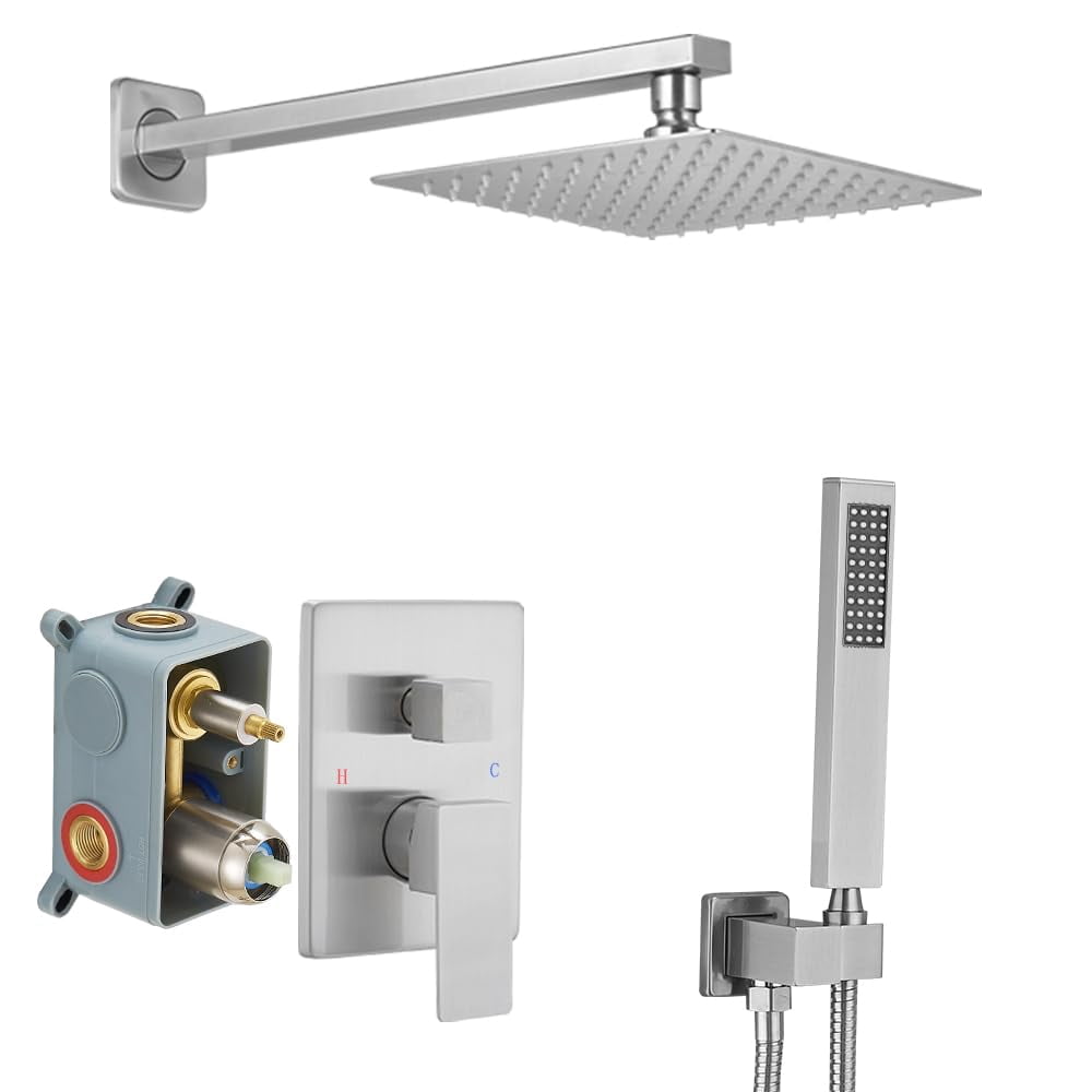 Matte Black Shower Faucet Set with Square Rain Shower Head, Single Function Trim Kit, Rough-in Valve Included, Extra Long Arm, Modern Bathroom Hardware