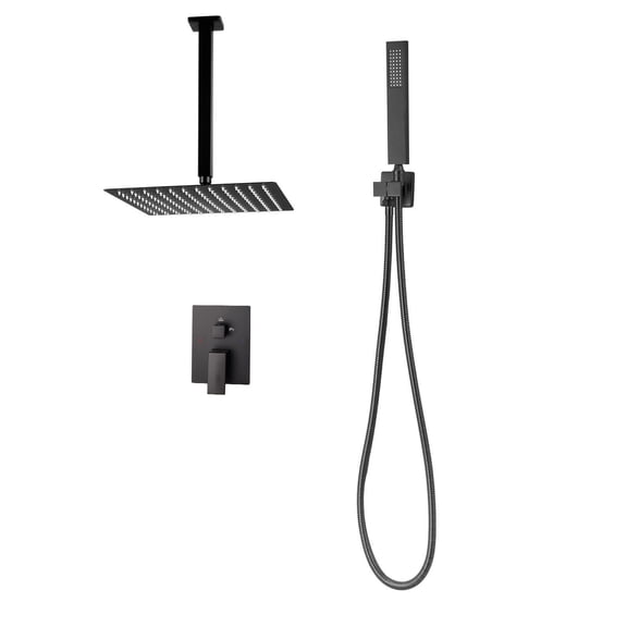 Matte Black Shower Faucet Set with 12-Inch Rain Shower Head and Handheld Spray,Ceiling Mount Bath Fixtures with Brass Valve and Trim Kit