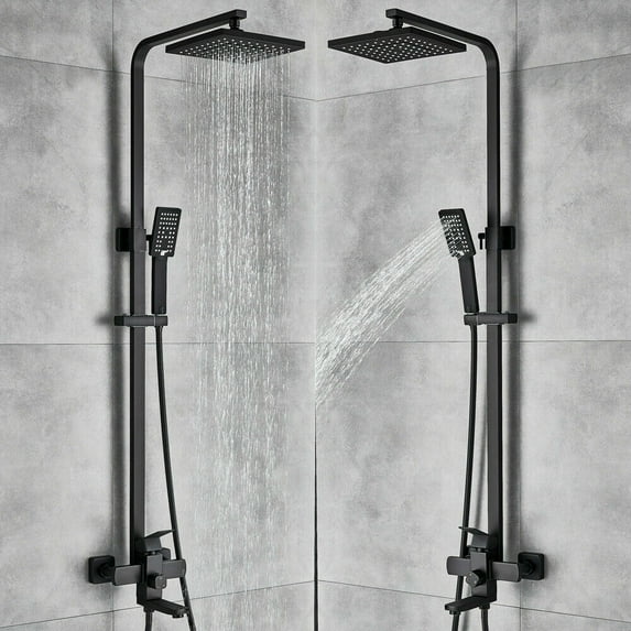 Matte Black Shower Faucet System Bathroom Rainfall Head Combo with Handle Spray