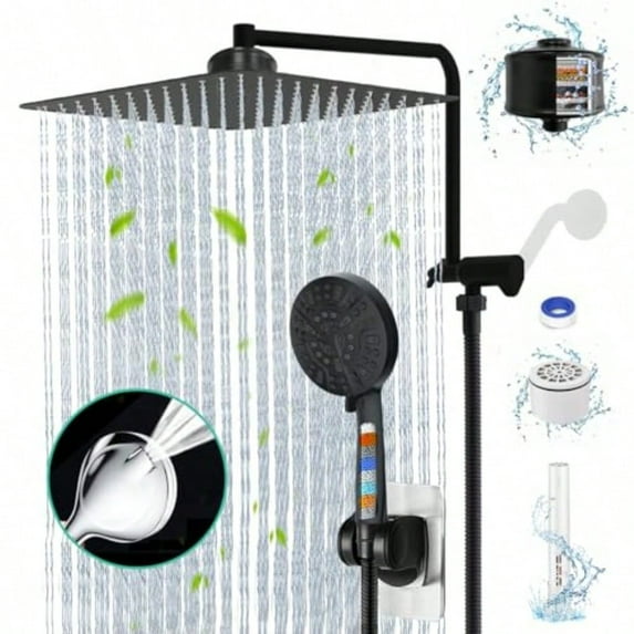 Matte Black Shower  with Filters 12" Rain Shower  with Handheld  Dual Shower Filter  for Hard Water, Showerhead Combo with 10 Setting Handheld Built-in 2 Power Wash, Extra Cartridges