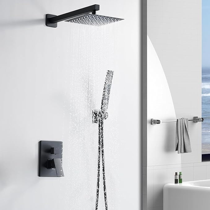 Matte Black Shower Head and Handle Set 8 Inch, Rain Shower Head with 2 Hooks, Luxury Rain Shower Set Square Wall Mount for Bathroom with Rain Shower and Handheld Shower System