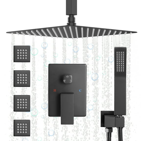 Matte Black Shower Jets Rain Shower System with 12'' Ceiling Shower & Hand Shower, Brushed Gold Overhead Full Body Shower System with Body Shower Spray Jets Rain Shower Set