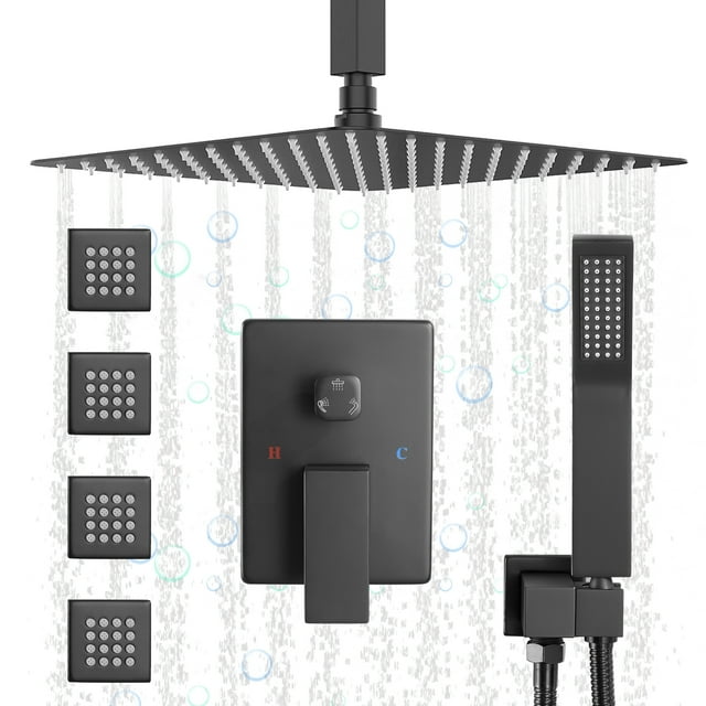 Matte Black Shower Jets Rain Shower System with 12'' Ceiling Shower