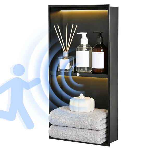 Matte Black Shower Niche 24x12 in, Stainless Steel Recessed Wall Cabinet with 2-Tiers Shelves, IP65 Waterproof Smart Sensor Light