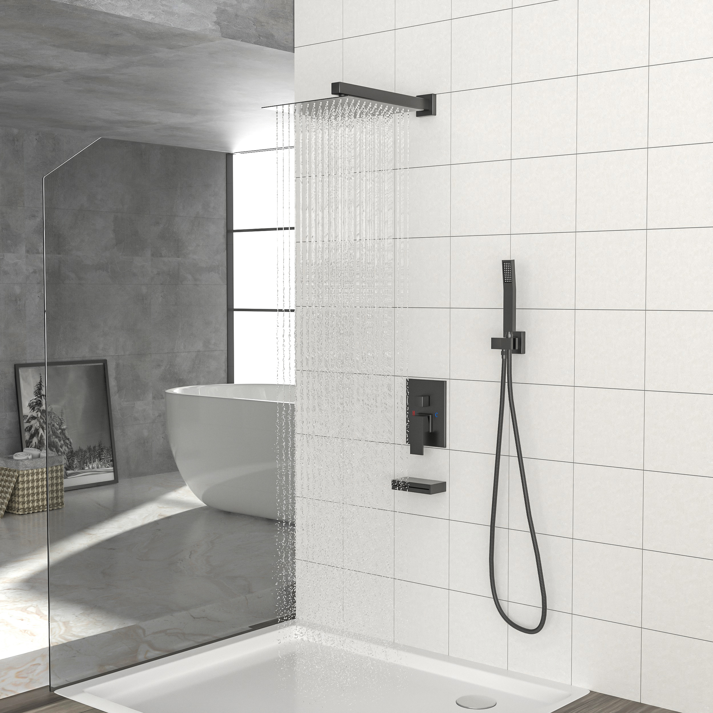 Matte Black Shower System with Tub Spout and Rain Shower Head 14.3