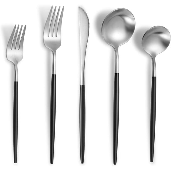 Matte Black Silver Silverware Set for 6,Modern Stainless Steel Brushed Cutlery Set,30-Pieces Heavy Duty Flatware Set,Knives Spoons and Forks Set Utensils Set, Satin Finish, Dishwasher Safe